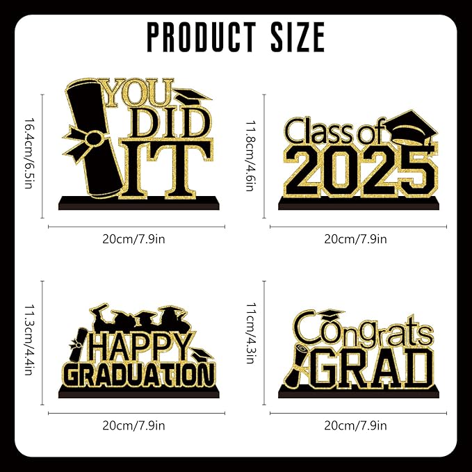 4 Piece Black and Gold Graduation Decorations Class of 2025 Congratulations Graduate Wood Table Centerpieces Graduate Table Decor Congratulations Tiered Shelf Decor for 2025 Graduation Decorations