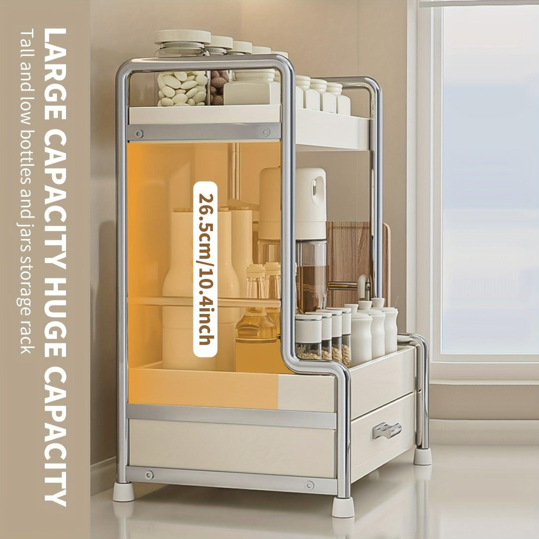 Lisslune | Elegant milk-white stainless steel spice organizer with drawers, cutting board, and utensil holder for residential and commercial kitchens