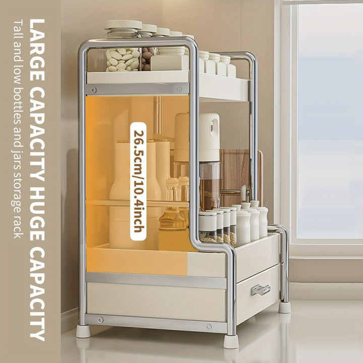 Lisslune | Elegant milk-white stainless steel spice organizer with drawers, cutting board, and utensil holder for residential and commercial kitchens