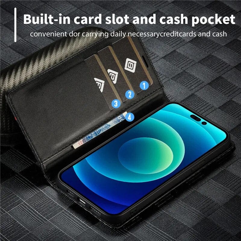 Lisslune | S23 Phone case | Card holder made of carbon fiber leather with magnetic closure