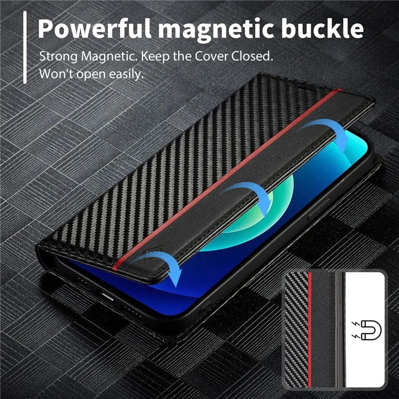 Lisslune | S23 Phone case | Card holder made of carbon fiber leather with magnetic closure