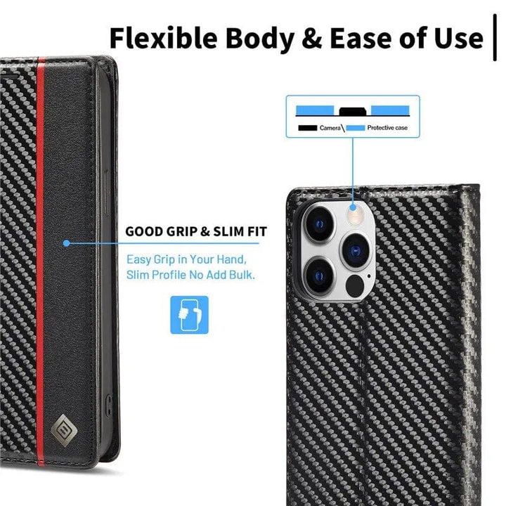 Lisslune | S23 Phone case | Card holder made of carbon fiber leather with magnetic closure