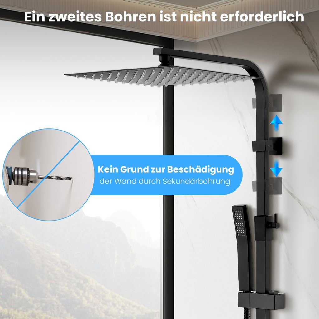 Lisslune | Rain shower without fitting Black shower system without thermostat Shower set Square Stainless steel head shower 30x30CM