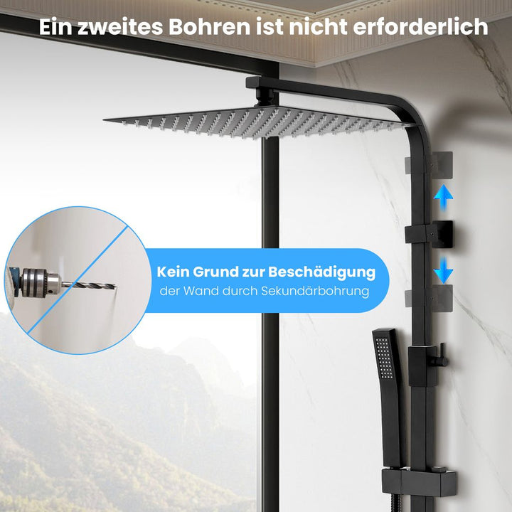 Lisslune | Rain shower without fitting Black shower system without thermostat Shower set Square Stainless steel head shower 30x30CM