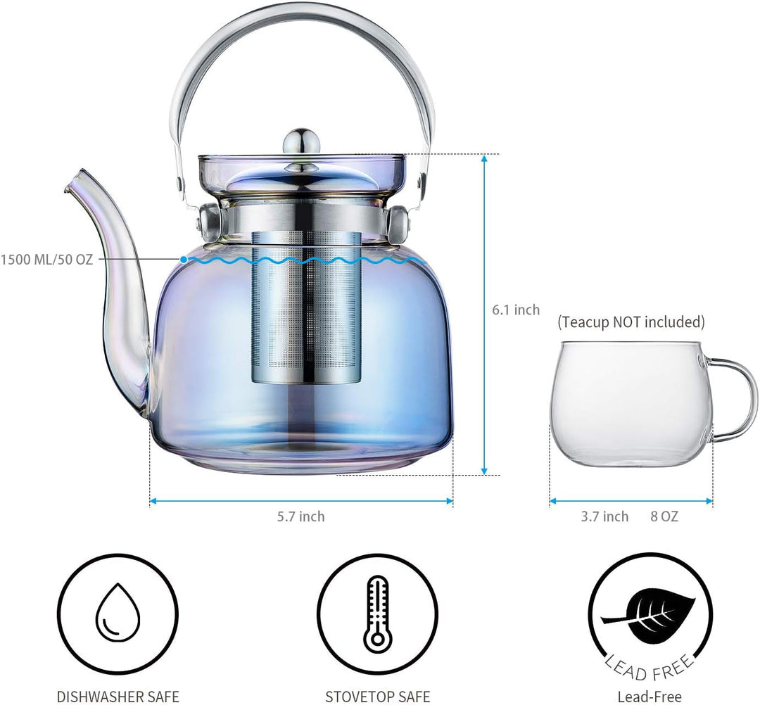 Lisslune | 50 Oz(1500Ml) Glass Teapot with Lid, Removable Stainless Steel Tea Strainer and Handle, Stovetop Safe Tea Maker for Blooming and Loose Leaf Tea (Iridescent)