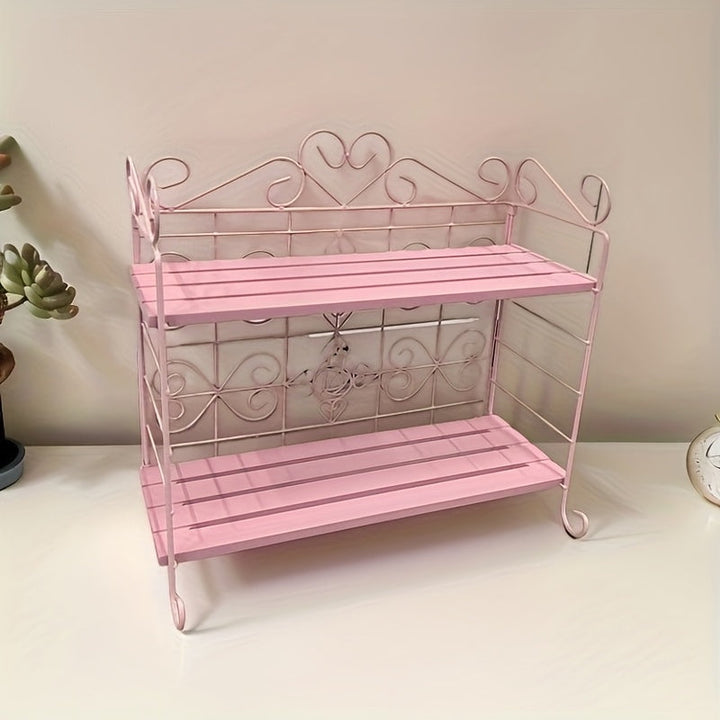 Lisslune | 1pc Pink 2-Tier Klappbarer Metall- und Holzlagerregal – Eleganter Thekenorganizer für Schlafzimmer, Küche, Bad, Wohnzimmer oder Gartendekor, Wohnzimmerlagerung, Nutzregale