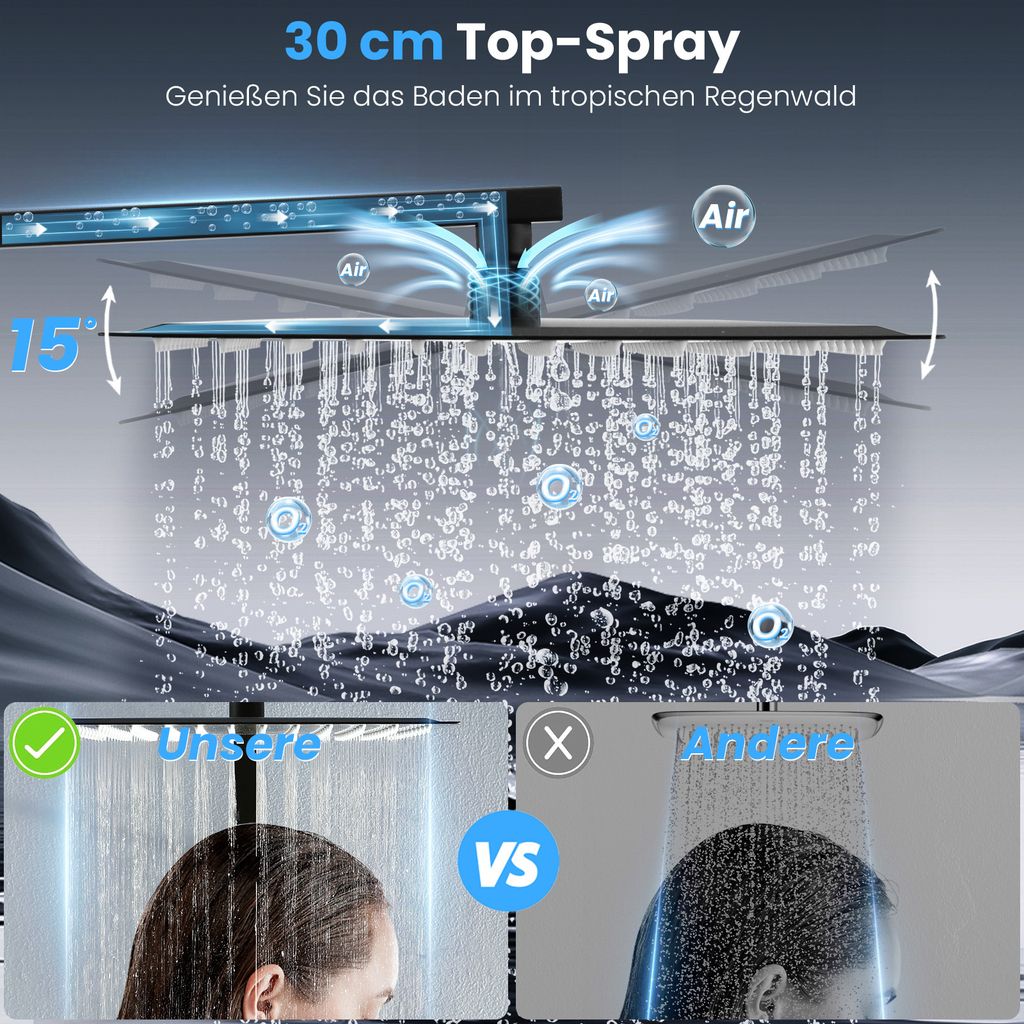 Lisslune | Rain shower without fitting Black shower system without thermostat Shower set Square Stainless steel head shower 30x30CM