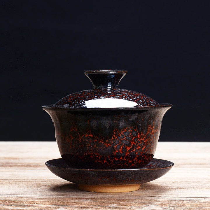 Lisslune | Vintage Kiln Ceramic Gaiwan Sancai Tea Cup Tea Cup and Saucer with Lid