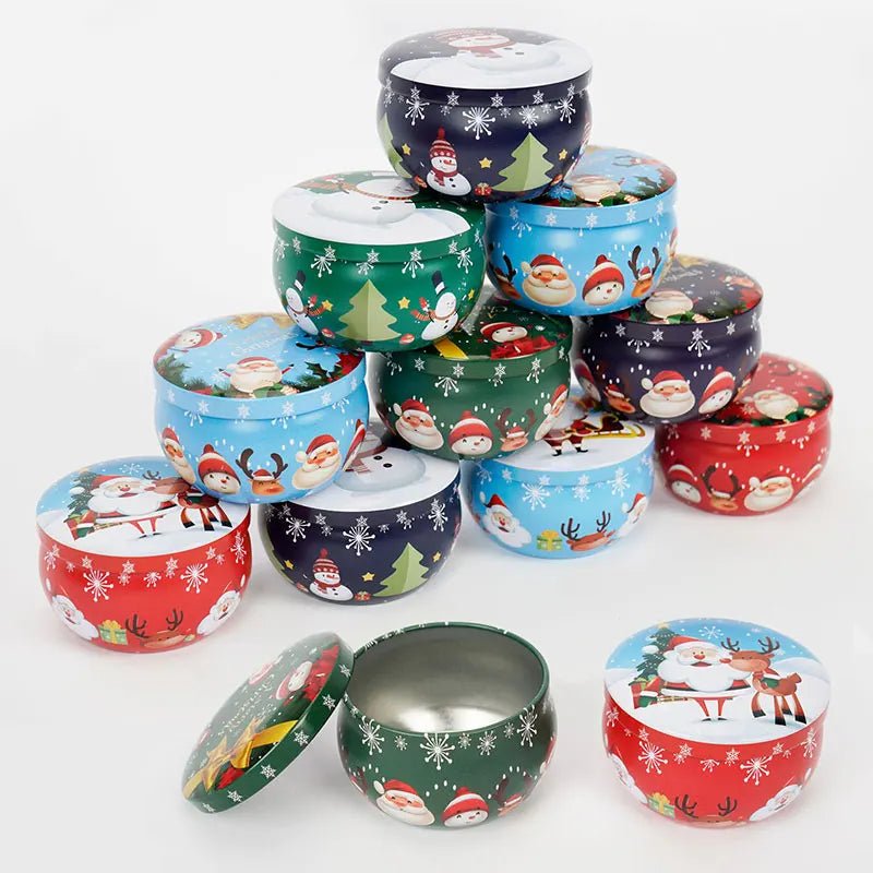 Lisslune | Christmas Candle Round Tin Box Set of 12– Perfect for Candy, Party Decor, or DIY Handmade Candles – Metal Container with Lid (2.2oz)