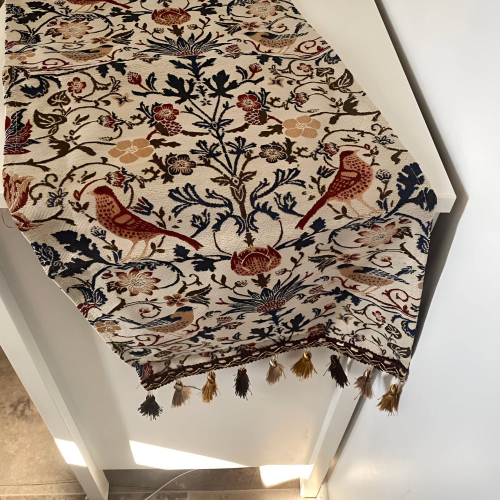 Lisslune | EVERBLOOM LINENS – Elegant Table Runner with Floral & Bird Jacquard Design