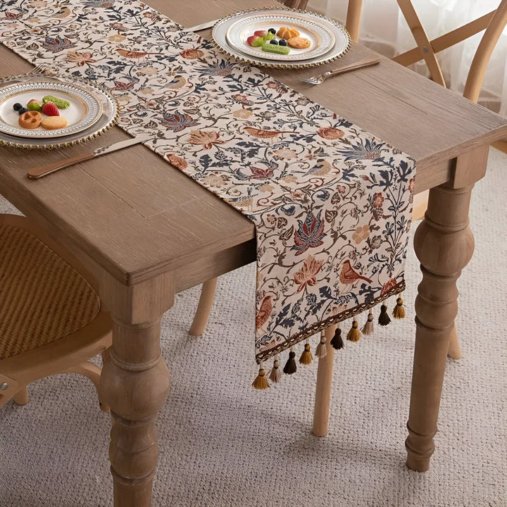 Lisslune | EVERBLOOM LINENS – Elegant Table Runner with Floral & Bird Jacquard Design