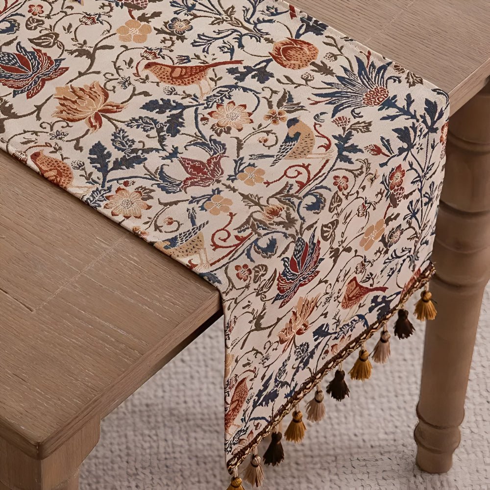 Lisslune | EVERBLOOM LINENS – Elegant Table Runner with Floral & Bird Jacquard Design