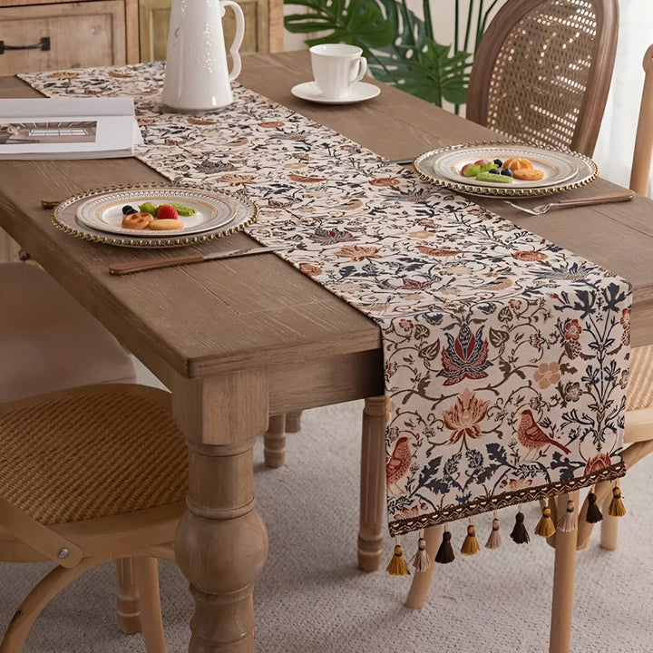 Lisslune | EVERBLOOM LINENS – Elegant Table Runner with Floral & Bird Jacquard Design