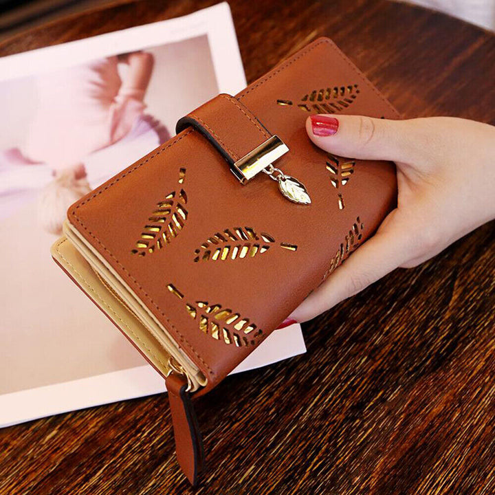 Lisslune | GoldenLeaf PU Leather Wallet with Leaf Charm Design