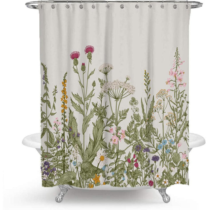Lisslune | Colorful Floral Print Polyester Shower Curtain with Nordic Green Leaf Design