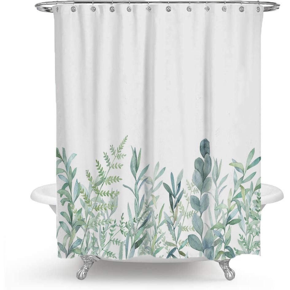 Lisslune | Colorful Floral Print Polyester Shower Curtain with Nordic Green Leaf Design