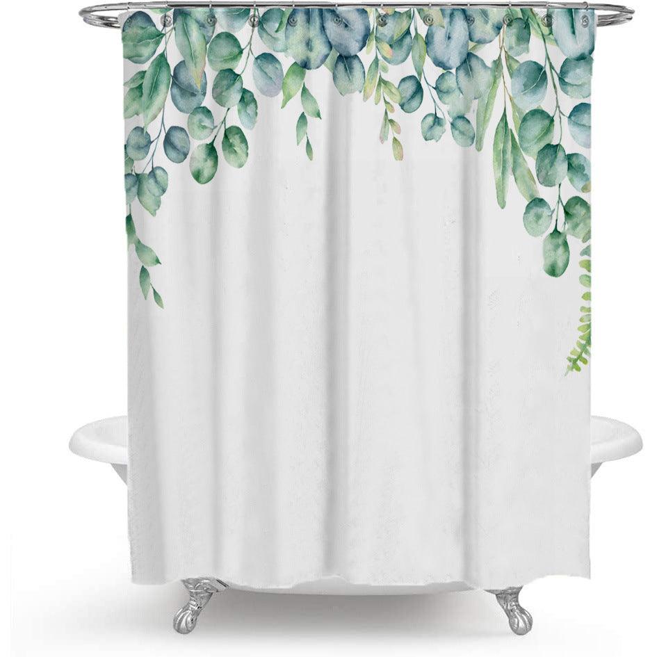 Lisslune | Colorful Floral Print Polyester Shower Curtain with Nordic Green Leaf Design