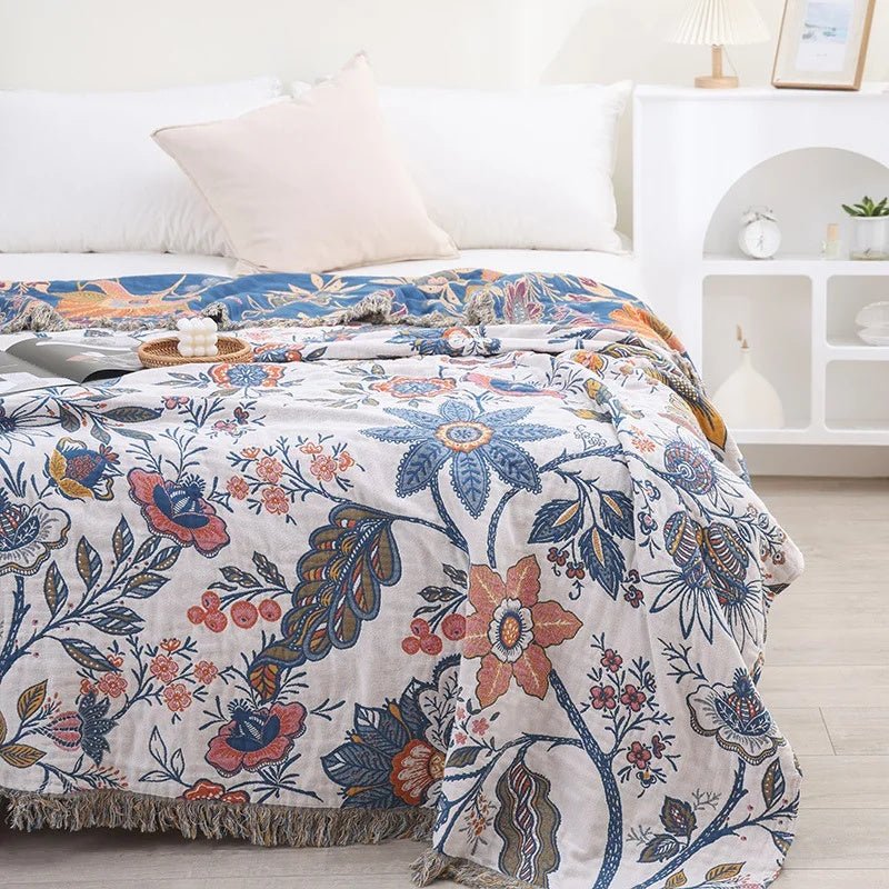 Lisslune | MEADOWNEST BLANKET – Rustic Cotton Blanket with Floral Pattern & Reversible Design