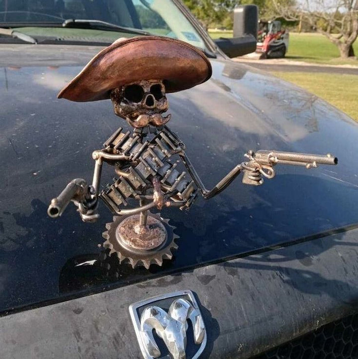 Lisslune | Handmade Cast Cowboy Skull Gunslinger Hood Ornament Sculpture