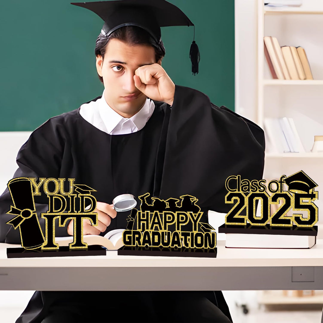 4 Piece Black and Gold Graduation Decorations Class of 2025 Congratulations Graduate Wood Table Centerpieces Graduate Table Decor Congratulations Tiered Shelf Decor for 2025 Graduation Decorations