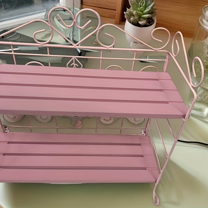 Lisslune | 1pc Pink 2-Tier Klappbarer Metall- und Holzlagerregal – Eleganter Thekenorganizer für Schlafzimmer, Küche, Bad, Wohnzimmer oder Gartendekor, Wohnzimmerlagerung, Nutzregale