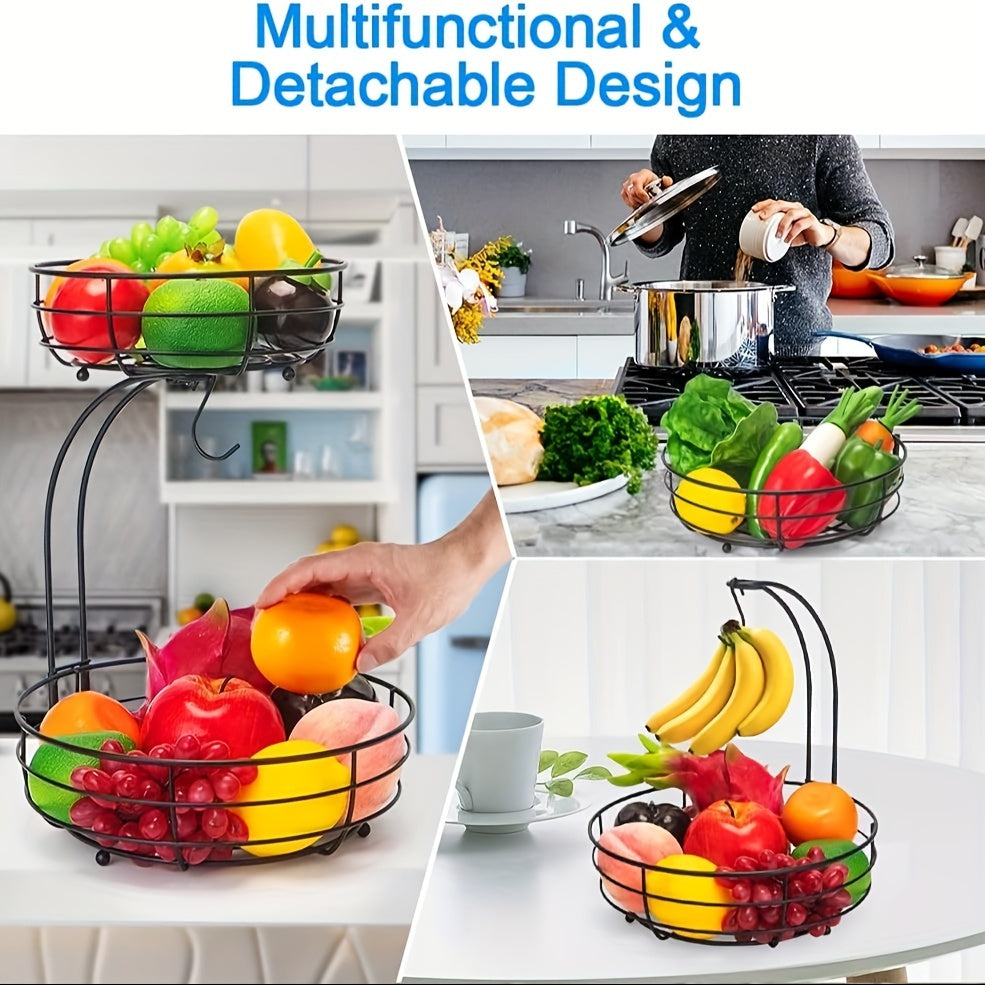 Lisslune | 2-Layer Oval Fruit Basket with Banana Holder – Metal Kitchen Organizer