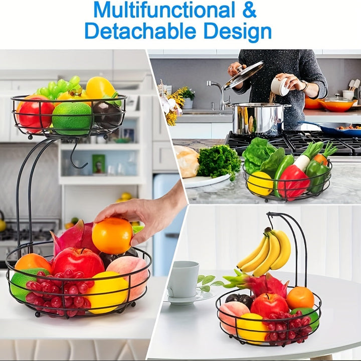 Lisslune | 2-Layer Oval Fruit Basket with Banana Holder – Metal Kitchen Organizer