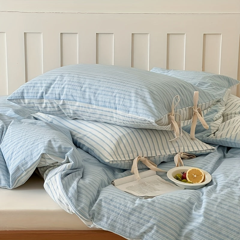 Lisslune | 3pcs, Neuer Koreanischer Stil Schleifen-Design Baumwoll-Set: Bettbezug*1 + Kissenbezüge*2, Koreanisches Schleifen-Design, Standardgröße A, Gestreiftes Muster mit Schleifendekoration, Stilvoll und Elegant