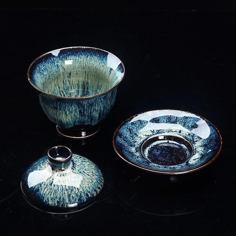Lisslune | Vintage Kiln Ceramic Gaiwan Sancai Tea Cup Tea Cup and Saucer with Lid