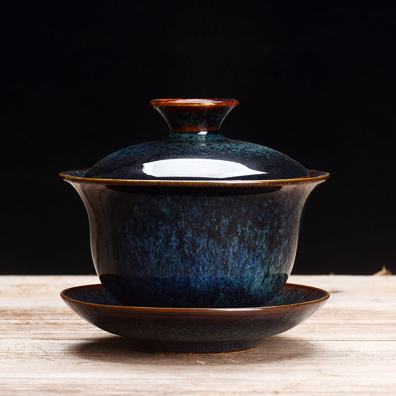 Lisslune | Vintage Kiln Ceramic Gaiwan Sancai Tea Cup Tea Cup and Saucer with Lid
