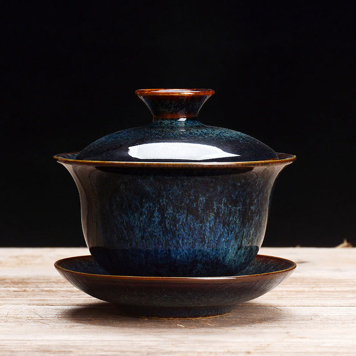 Lisslune | Vintage Kiln Ceramic Gaiwan Sancai Tea Cup Tea Cup and Saucer with Lid