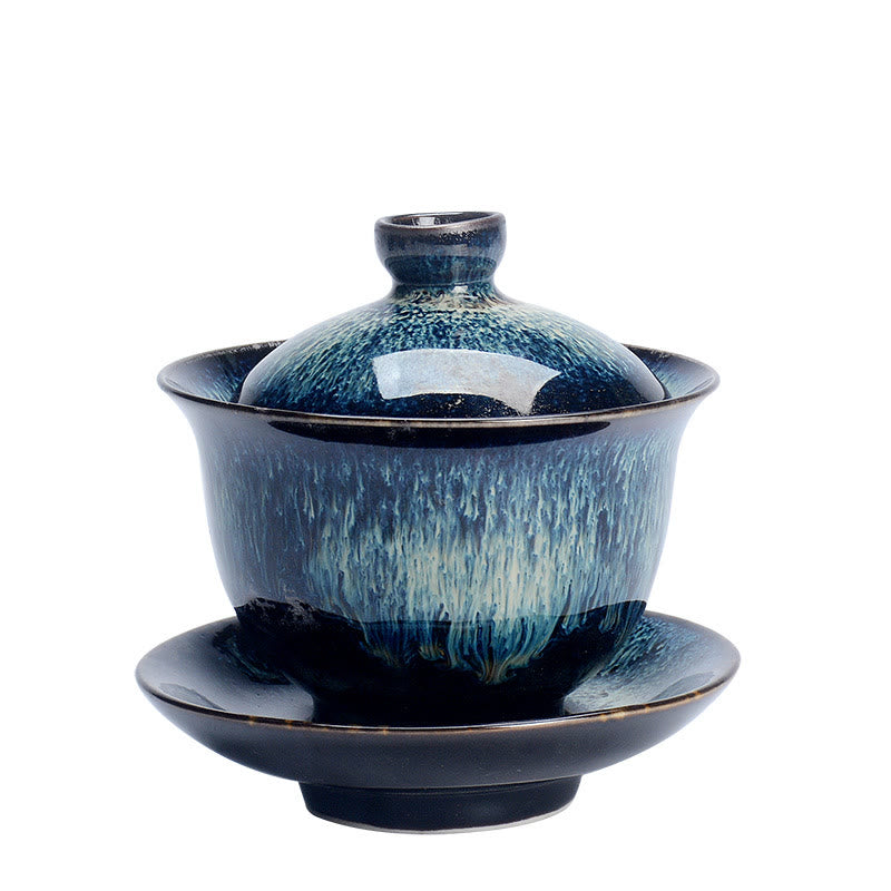Lisslune | Vintage Kiln Ceramic Gaiwan Sancai Tea Cup Tea Cup and Saucer with Lid