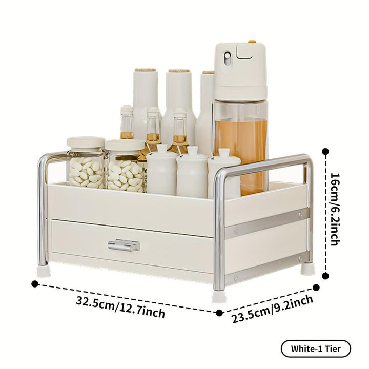 Lisslune | Elegant milk-white stainless steel spice organizer with drawers, cutting board, and utensil holder for residential and commercial kitchens