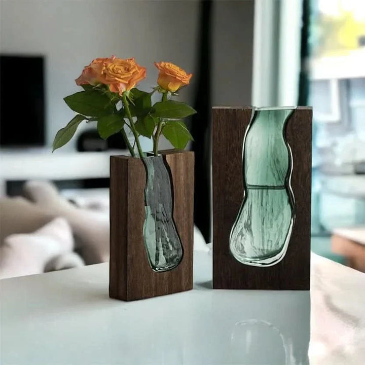 Lisslune | Scandinavian Glass Vase with Wooden Accent for Modern Interiors