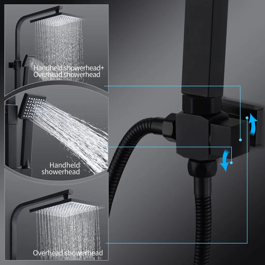 Lisslune | Shower system Black Rain shower Shower set without faucet with overhead shower Hand shower Shower column Shower system with diverter angular Shower column for bathroom, black
