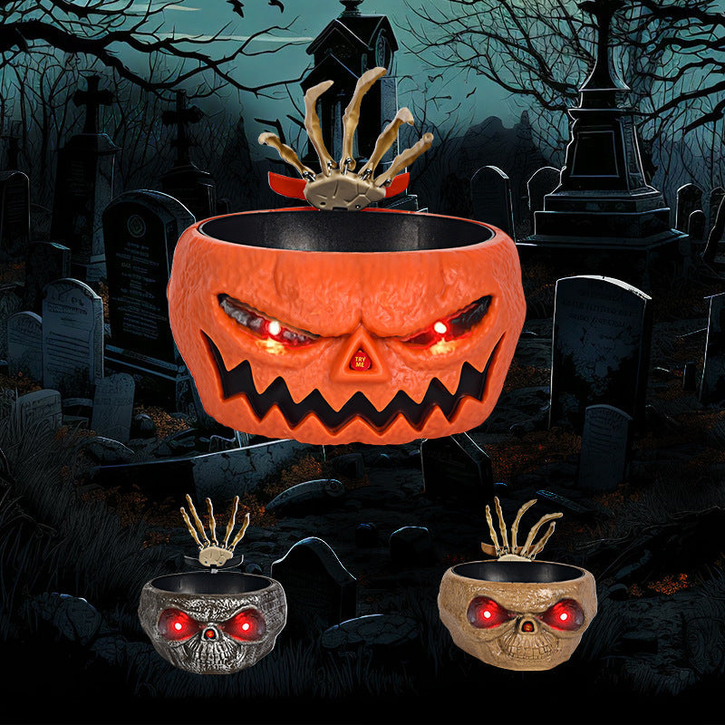 Lisslune | Halloween Candy Bowl – Motion Sensor Pumpkin Bowl with Skeleton Hand and Red Light Effects