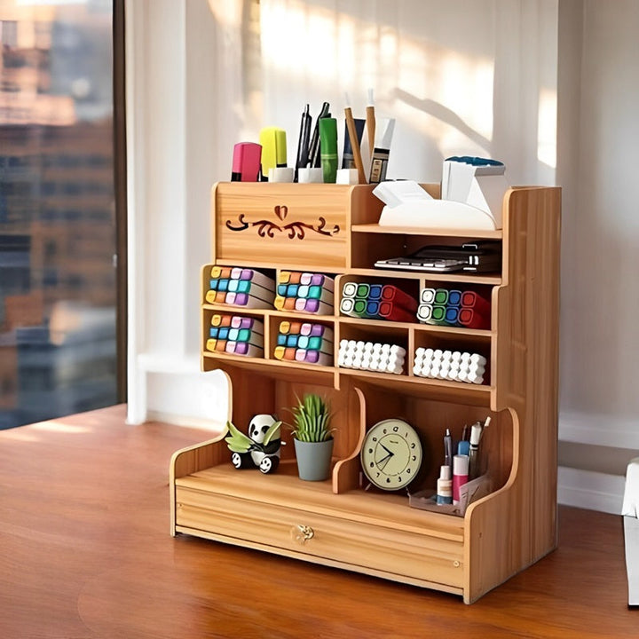 Lisslune | Wooden Desk Organizer with Drawer and Multiple Grids