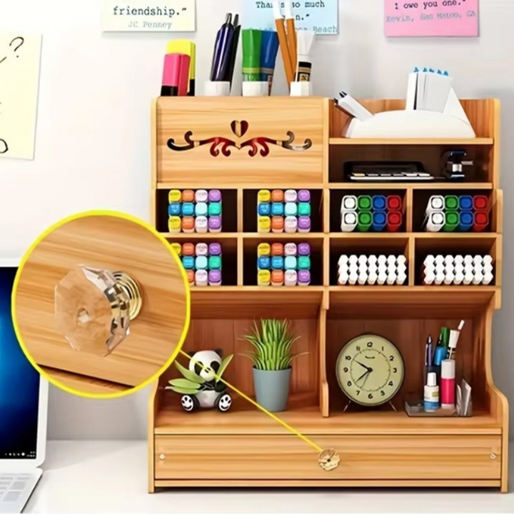 Lisslune | Wooden Desk Organizer with Drawer and Multiple Grids