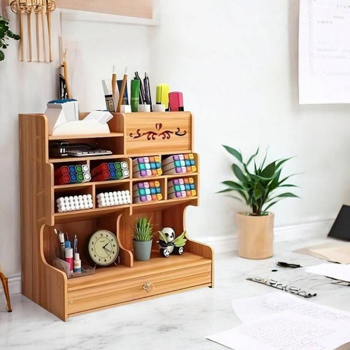 Lisslune | Wooden Desk Organizer with Drawer and Multiple Grids