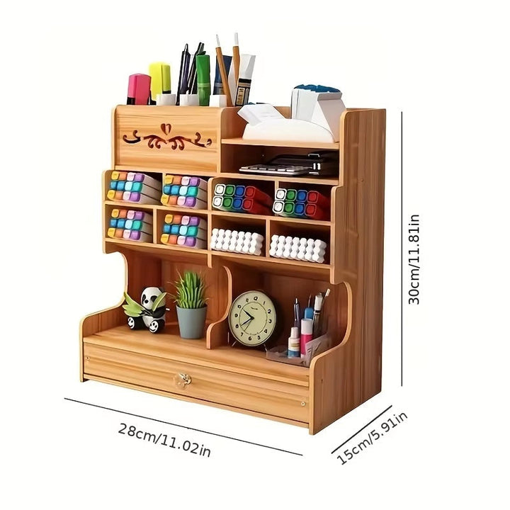 Lisslune | Wooden Desk Organizer with Drawer and Multiple Grids