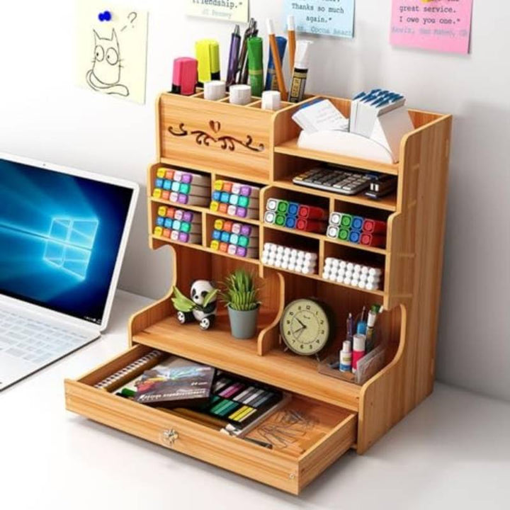Lisslune | Wooden Desk Organizer with Drawer and Multiple Grids