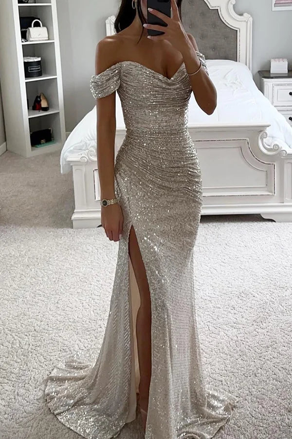 Lisslune | Sequin Off-Shoulder Draped Split Evening Maxi Dress