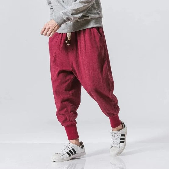 Lisslune | Cotton Linen Harem Pants Men Solid Color Elastic Waist Streetwear Jogging Pants