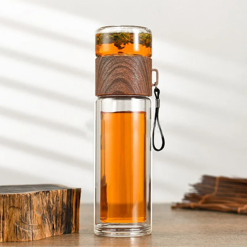 Lisslune | Thermos Bottle with Tea Filter – Glass & Wood – Double-Walled – 500 ml – ClearTherm