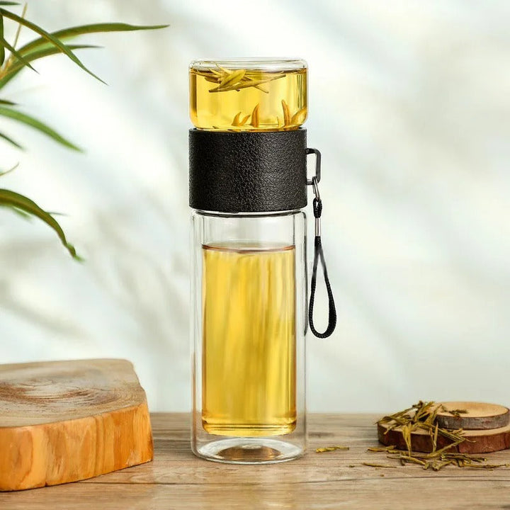 Lisslune | Thermos Bottle with Tea Filter – Glass & Wood – Double-Walled – 500 ml – ClearTherm