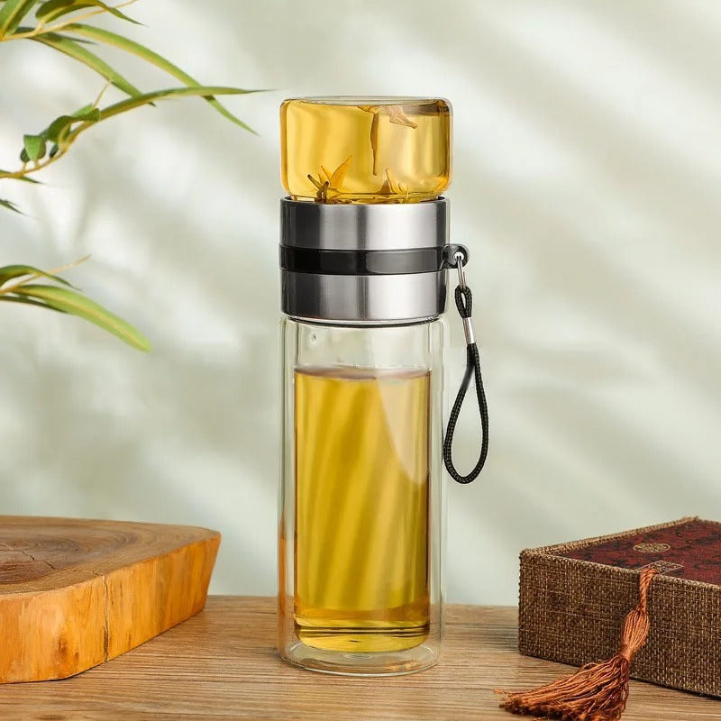 Lisslune | Thermos Bottle with Tea Filter – Glass & Wood – Double-Walled – 500 ml – ClearTherm