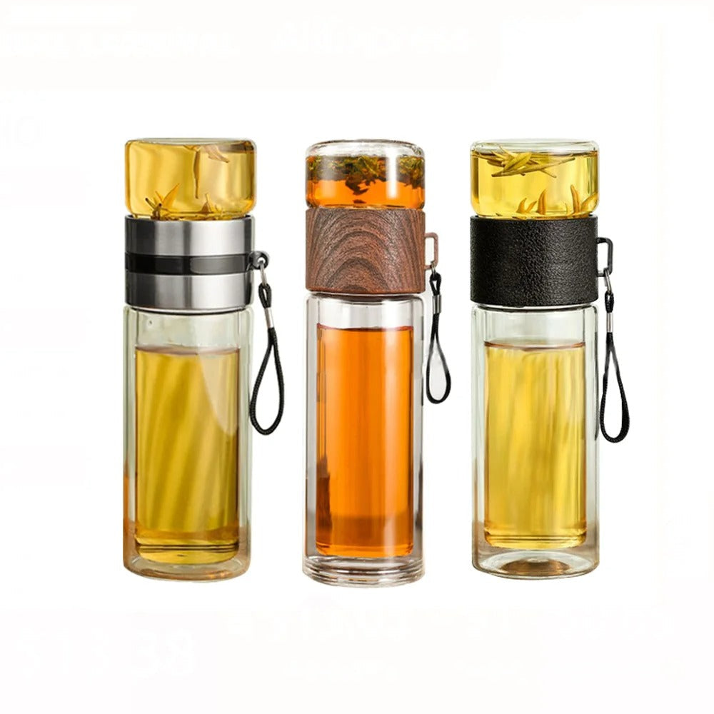 Lisslune | Thermos Bottle with Tea Filter – Glass & Wood – Double-Walled – 500 ml – ClearTherm