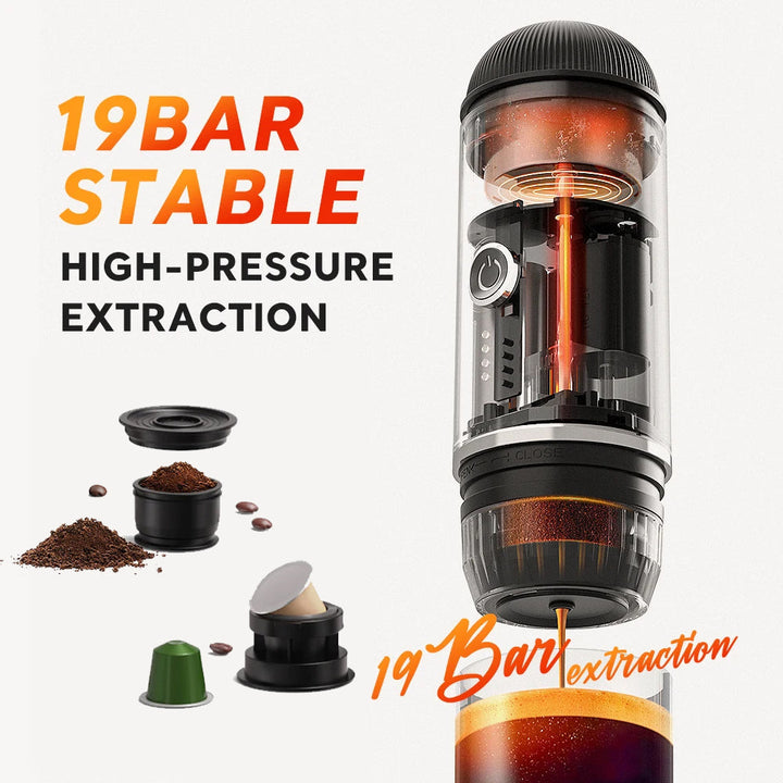 Lisslune | Self-Heating Portable Electric Espresso Maker with USB-C Charger – Compatible with Ground Coffee & Nespresso Capsules