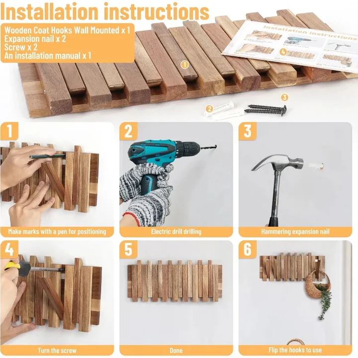 Lisslune | Rustic Wall-Mounted Coat Rack with 8 Flip Hooks
