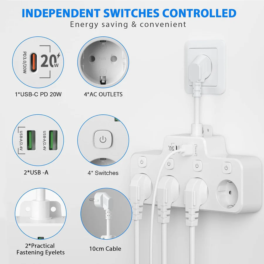 Lisslune | Wall Mounted Power Strip with Independent Switch 2 USB A and 1 USB C